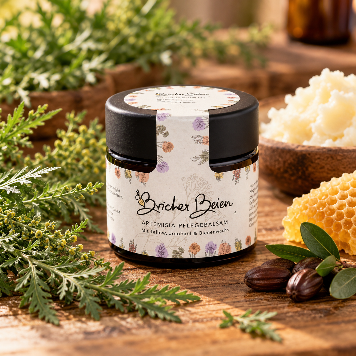 Bricher Beien Artemisia Annua Pflegebalsam Tallow in 100 ml Flasche, Kosmetikprodukt mit Kräuter-Design im Kräuterapothekensetting